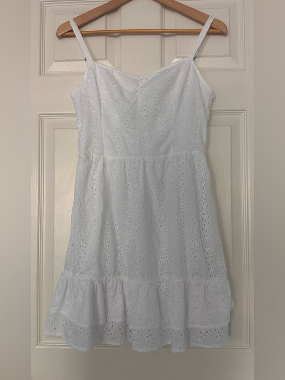 Hollister White Cotton Eyelet Ruffle-Hem Mini Dress, Size S